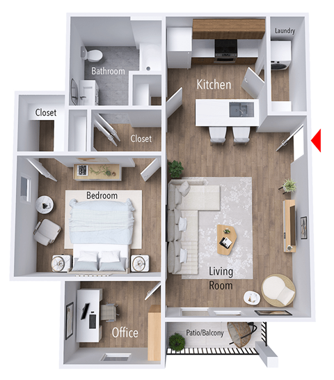 A floor plan of an apartment layout with labeled rooms.